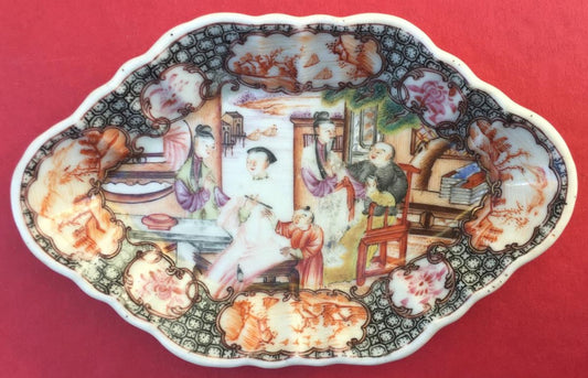 Antique Chinese 18th Century Qing Export Polychrome People & Landscape Spoon Tray