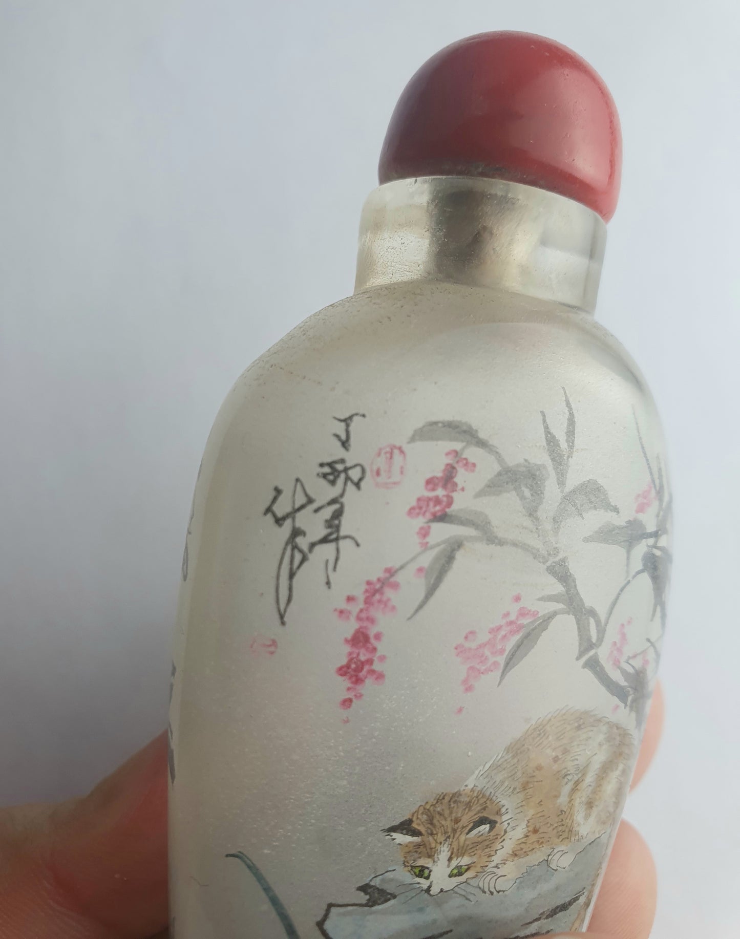 Nice Signed Antique Chinese Inside Painted Glass Snuff Bottle - Cats and Rabbits