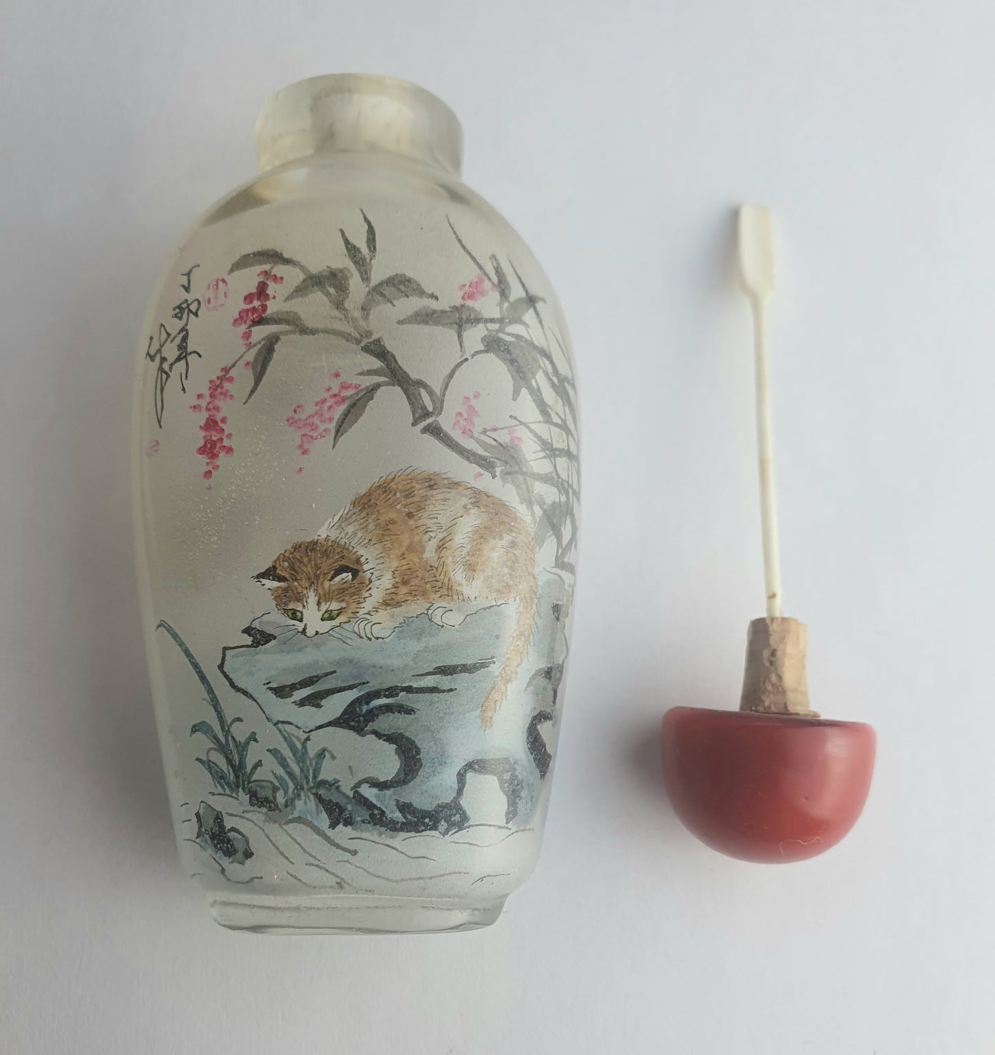 Nice Signed Antique Chinese Inside Painted Glass Snuff Bottle - Cats and Rabbits