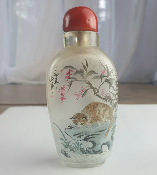 Nice Signed Antique Chinese Inside Painted Glass Snuff Bottle - Cats and Rabbits