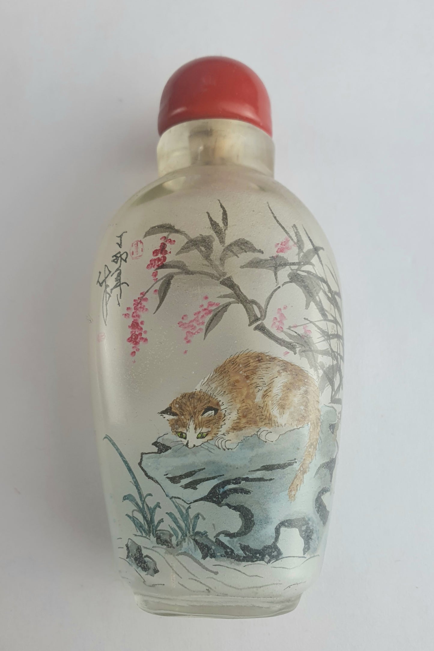 Nice Signed Antique Chinese Inside Painted Glass Snuff Bottle - Cats and Rabbits