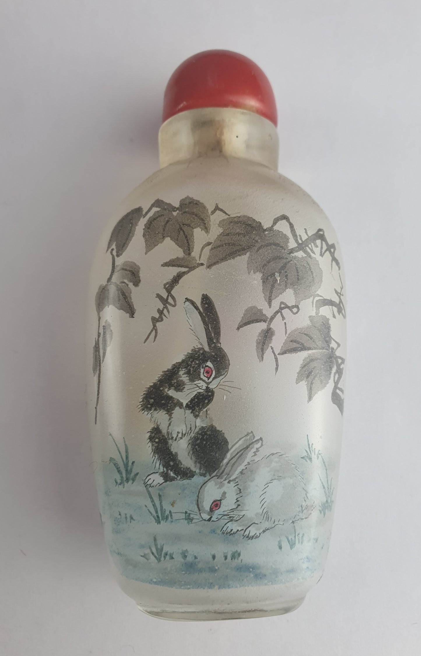 Nice Signed Antique Chinese Inside Painted Glass Snuff Bottle - Cats and Rabbits