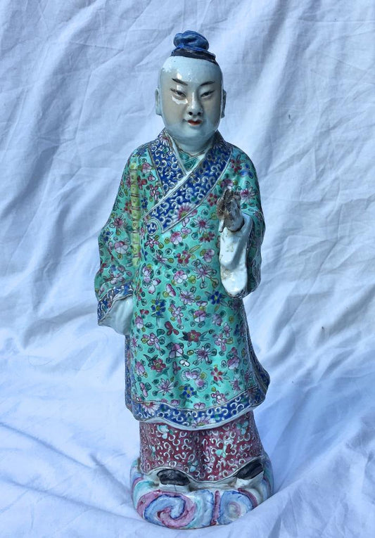 Large Antique Chinese Famille Verte Porcelain Statue of standing holding bamboo stick