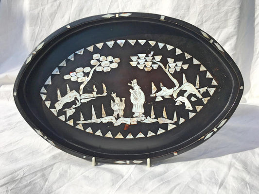 Early 20th Century Chinese Lacquer and Mother of Pearl Tray with Immortals in Landscape