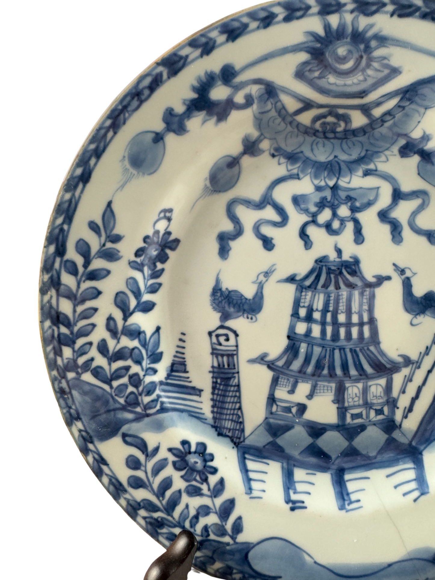 Chinese Qianlong Period Blue & White Plate with Building & Bird - Ex K J Allison Collection,