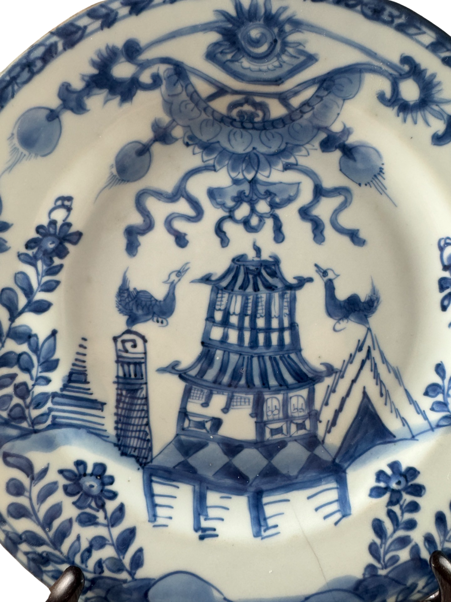 Chinese Qianlong Period Blue & White Plate with Building & Bird - Ex K J Allison Collection,